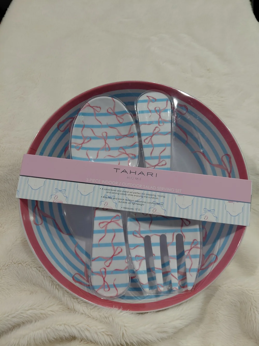 NWT Tahari Pink & Blue Striped Salad Serving Set